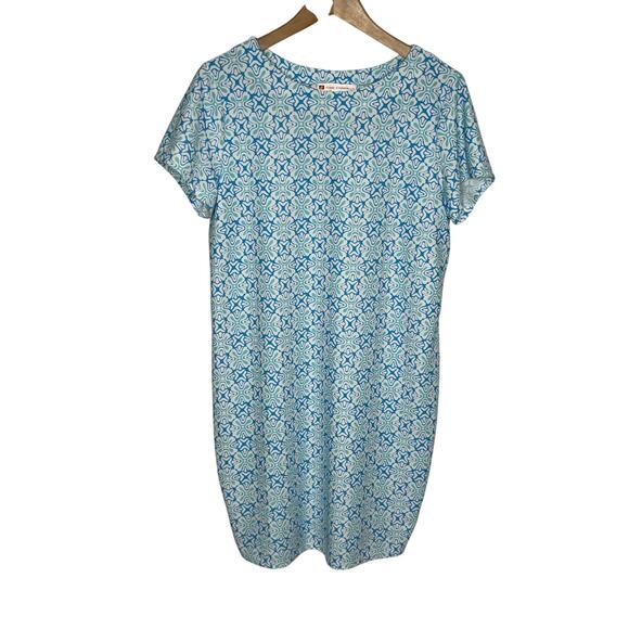 Jude Connally Womens Short Sleeve Sundress Medium Blue Geometric Print Stretch - Picture 1 of 7